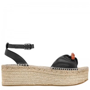 Black Longchamp Le Roseau Wedge espadrilles - Leather Women Sandals | 389456NMI