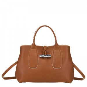 Cognac Longchamp Le Roseau M - Leather Women Handbags | 632874WTD