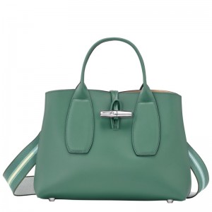 Sage Longchamp Le Roseau M - Leather Women Handbags | 549372PHG