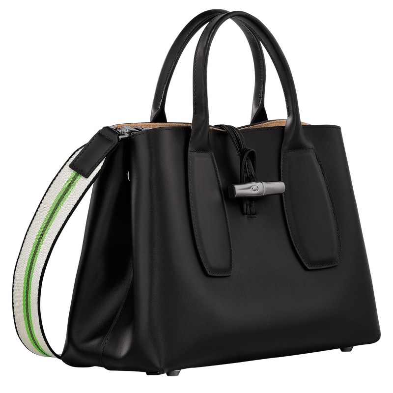 Black Longchamp Le Roseau M - Leather Women Handbags | 051893NJF