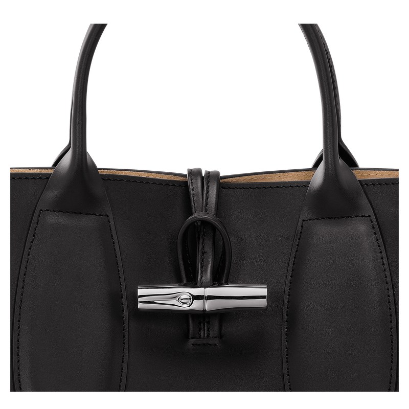 Black Longchamp Le Roseau M - Leather Women Handbags | 051893NJF