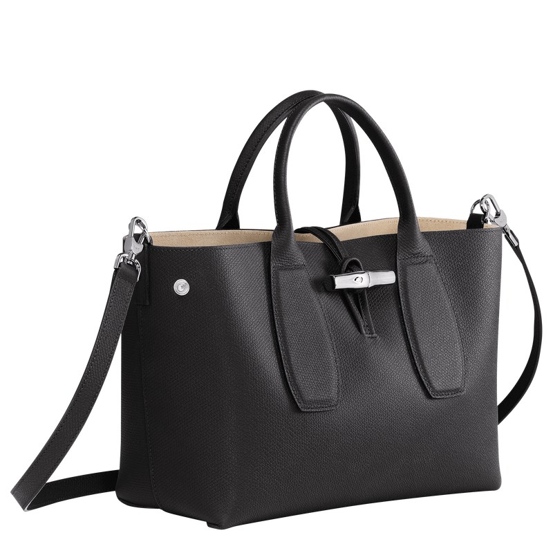 Black Longchamp Le Roseau M - Leather Women Handbags | 672591FCH