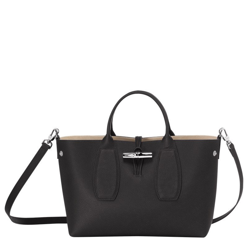 Black Longchamp Le Roseau M - Leather Women Handbags | 672591FCH