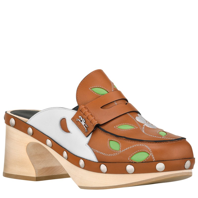 Cognac Longchamp La Cigale Clogs - Leather Women Sandals | 178253NBF