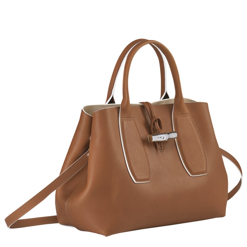 Cognac Longchamp Le Roseau M - Leather Women Handbags | 632874WTD