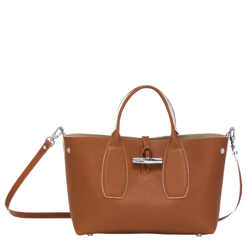 Cognac Longchamp Le Roseau M - Leather Women Handbags | 632874WTD