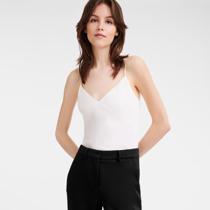 Ecru Longchamp Thin strap top - Crepe de Chine Women Tops & Blouses | 327049OYR