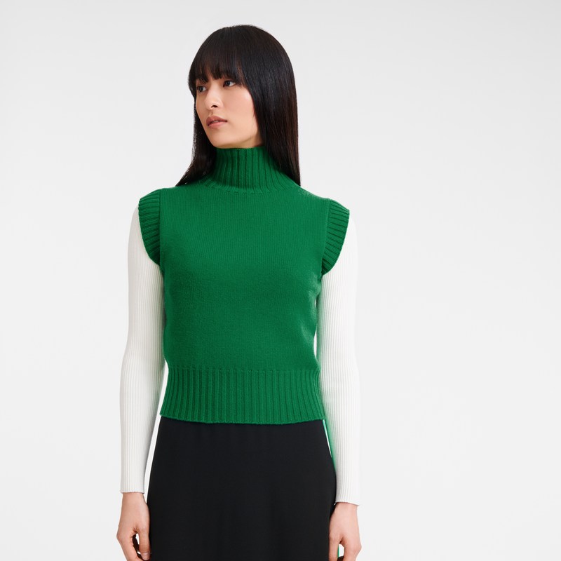 Green Longchamp High collar no sleeve jumper - Knit Women Tops & Blouses | 782016WYT