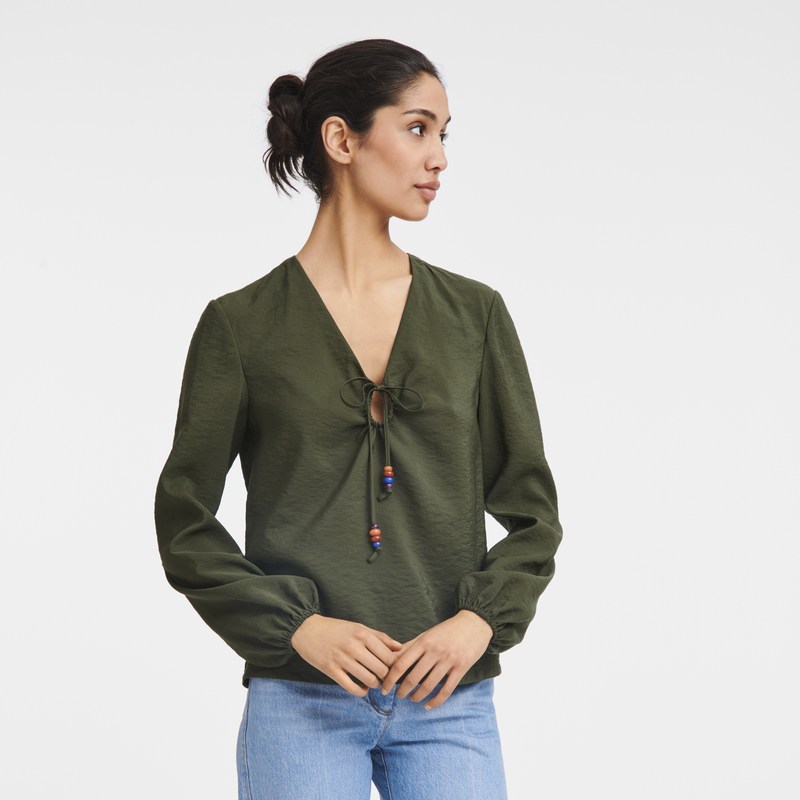 Khaki Longchamp Blouse - Crepe Women Tops & Blouses | 065729AFJ