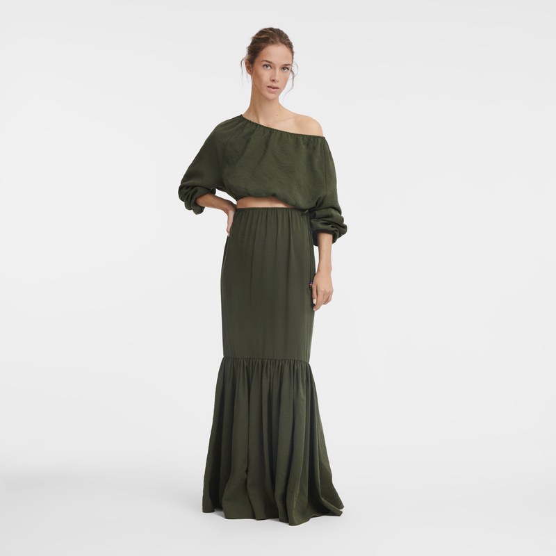 Khaki Longchamp Long skirt - Crepe Women Dresses & Skirts | 563471PLH