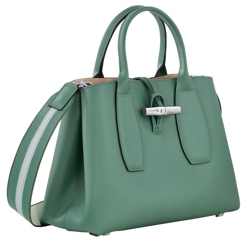 Sage Longchamp Le Roseau M - Leather Women Handbags | 549372PHG